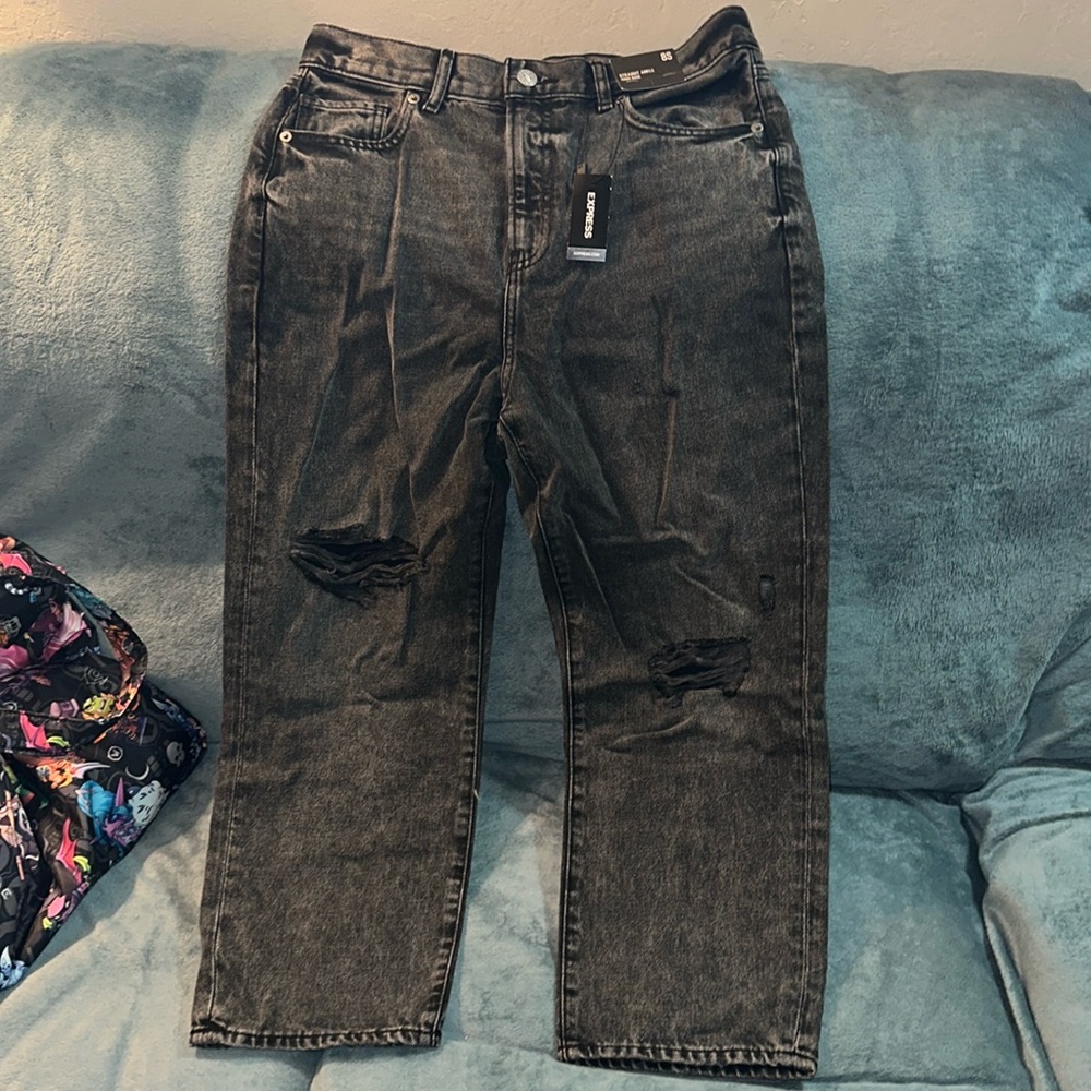 Express 8S straight ankle high rise distressed black jeans New